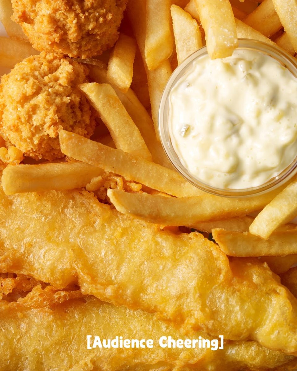 Close-up of fried fish, hushpuppies and fries with tartar sauce
