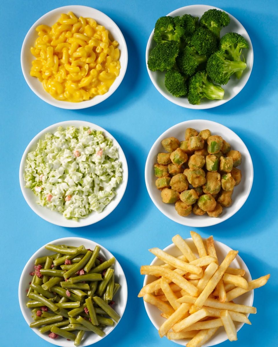 Six side dishes in white bowls on Captain D’s blue